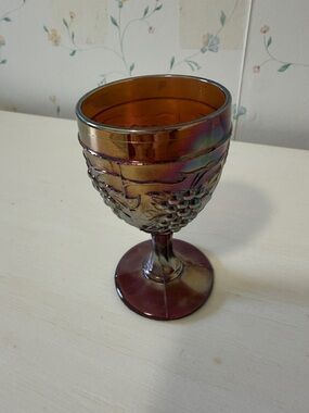 Dugan Carnival Glass Cordial: Golden Harvest Amethyst Grapes, Antique Wine Glass